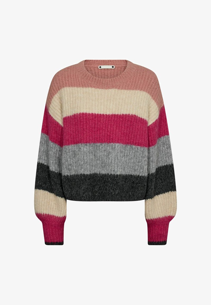 Strickpullover mit horizontalen Streifen in Pink, Creme, Grau und Schwarz. Verkürztes Design mit Ripptextur und langen Ärmeln.