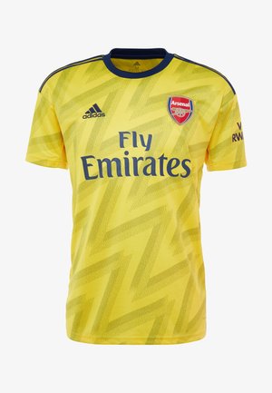 Gelbes Arsenal-Fußballtrikot mit blauem Zickzackmuster, blauem Kragen, Adidas-Logo, Arsenal-Wappen und dem Sponsortext "Fly Emirates".