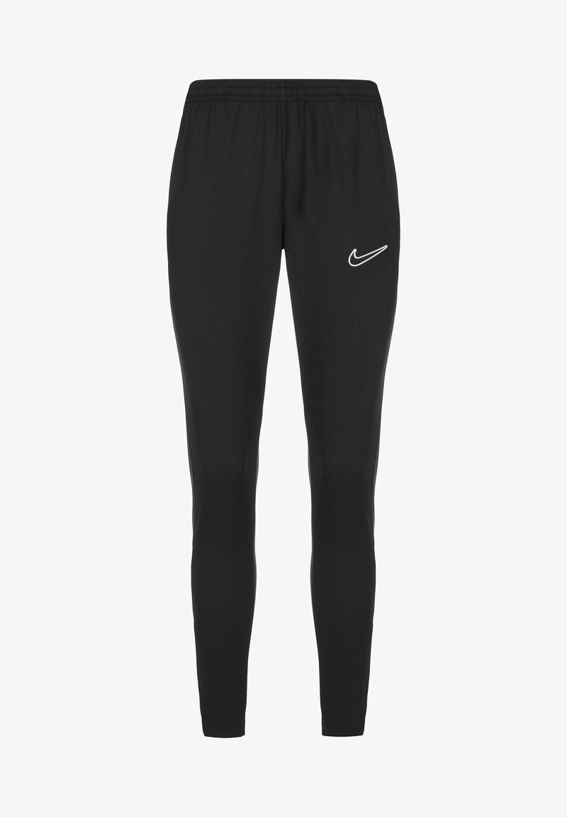 Zwarte Nike trainingsbroek met taps toelopend ontwerp, elastische tailleband en wit logo op de linker dij. Gemaakt van zachte, rekbare stof.