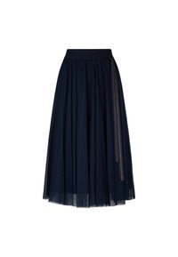 Jupe midi en tulle marine avec une taille ajustée, présentant un revêtement transparent et un accent en ruban satiné contrastant sur le côté.