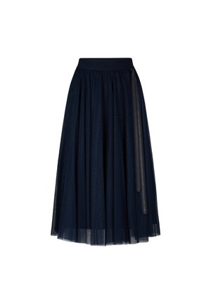 Jupe midi en tulle marine avec une taille ajustée, présentant un revêtement transparent et un accent en ruban satiné contrastant sur le côté.