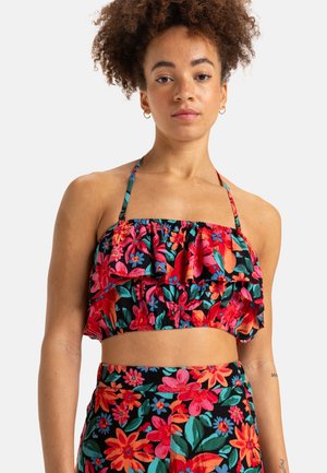 Blumendruck-Crop-Top mit Rüschendesign, in leuchtendem Pink, Koralle und Grün auf schwarzem Hintergrund. Verstellbare Träger.