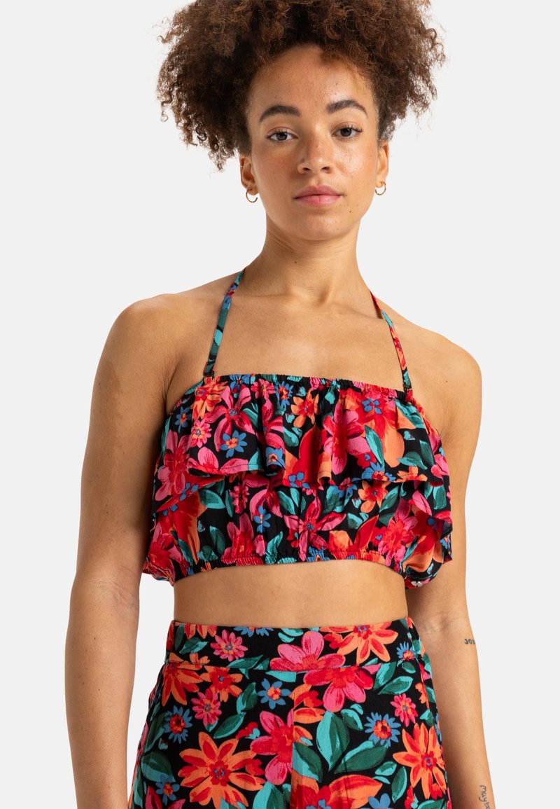 Blumendruck-Crop-Top mit Rüschendesign, in leuchtendem Pink, Koralle und Grün auf schwarzem Hintergrund. Verstellbare Träger.