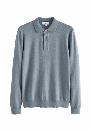 Jasnoszara dzianinowa koszulka polo z długim rękawem, ściągaczami na mankietach, kołnierzykiem oraz trzema guzikami na listwie, prezentowana na białym tle.