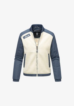 Jakna s flis podlogom, z gladkimi rokavi v mornarsko modri barvi in teksturiranim telesom v kremni barvi. Ima zadrgo spredaj in logo na prsih.