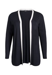 Svart långärmad cardigan med vit kontrastkant framtill. Mjuk tyg, öppen framsida, medellång längd, avslappnad passform.