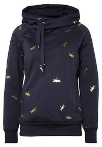 Felpa blu navy con cappuccio a cowl, impreziosita da ricami di libellule dorate metallizzate. Realizzata in un morbido misto cotone con polsini e orlo a costine.