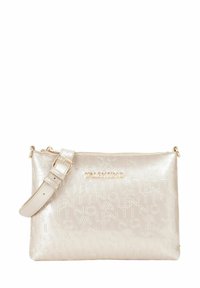 Sac à main beige métallique avec motif de logo en relief, fermeture zippée sécurisée et sangle réglable pour porter en bandoulière ou à l'épaule.