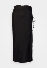 Schwarzer Midirock aus glattem Stoff, mit elastischem Bund, Raffdetail und verstellbaren Bändern an einer Seite.