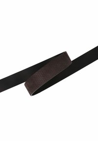 Ceinture en cuir noir avec une section texturée marron foncé ornée d'un motif en diamant. Design plat pour un confort optimal.