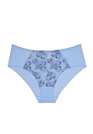 Light blue women's underwear featuring floral lace patterns in a sheer center panel and solid ribbed fabric on the sides.