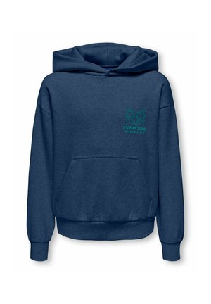 Sweat à capuche bleu marine avec poche avant et petit motif turquoise et texte "Utopian Sound Record Store" sur le côté gauche de la poitrine.
