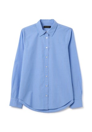 Camicia a maniche lunghe di un blu chiaro con righe bianche, colletto a punta e polsini con bottoni, stesa su uno sfondo bianco.