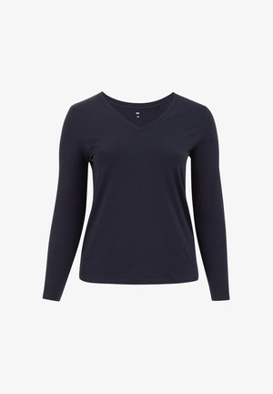 Tamsiai mėlyna ilgomis rankovėmis V tipo marškinėliai, pagaminti iš švelnaus, lygaus audinio. Siūlo laisvą prigludimą, paprastą siuvinėjimą ir jokių papildomų raštų.