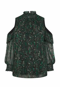 Svart och grön mönstrad blus med kall axel-design, hög halsringning och smockade manschetter, tillverkad av ett lätt och genomskinligt tyg.