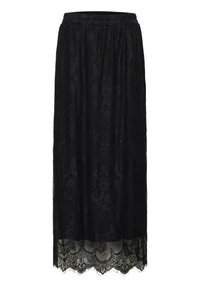 Fekete midi szoknya virágos csipke fedéssel és hullámos szegéllyel, bozótvászon derékkal.