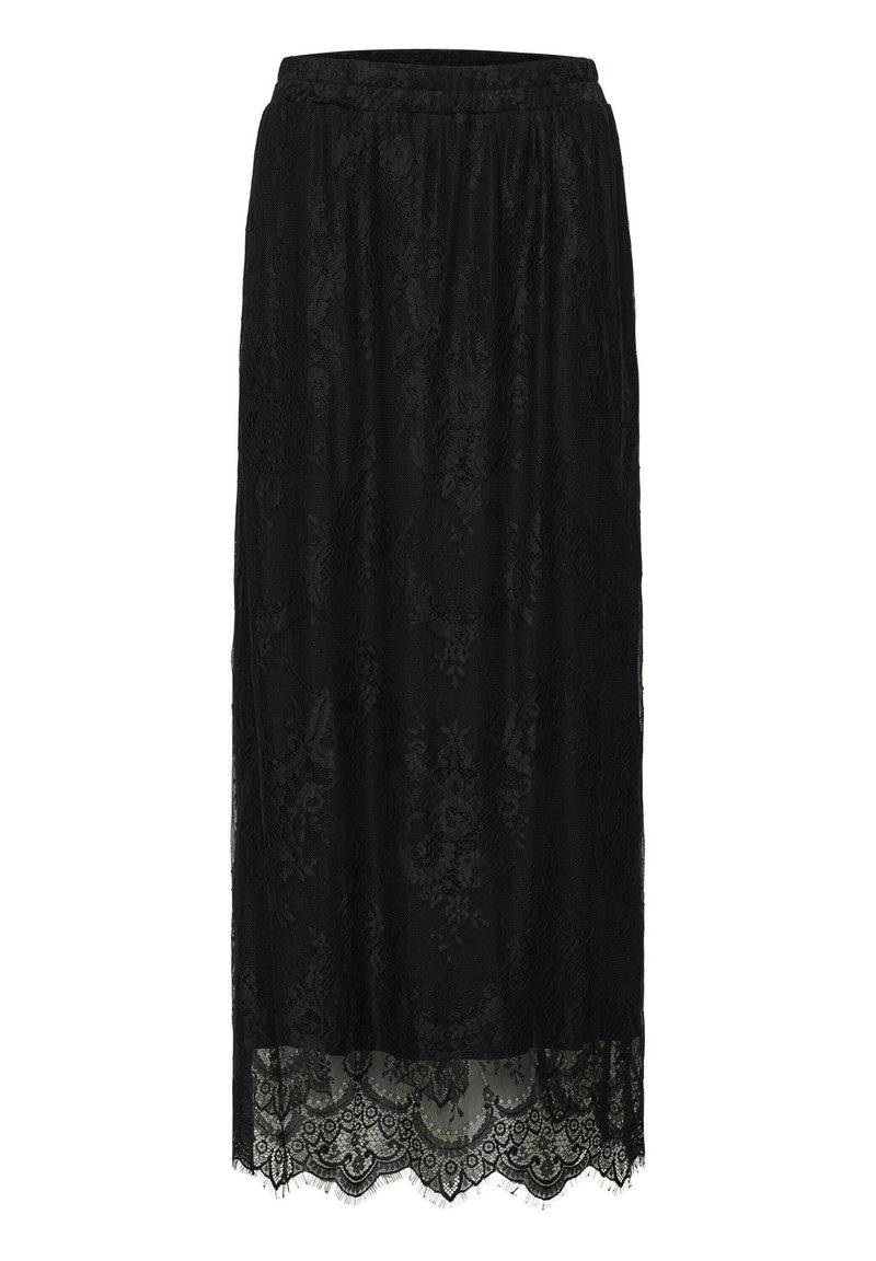 Sort midi-skirt med blomster-lace overlay og bølget kant, med elastisk talje.