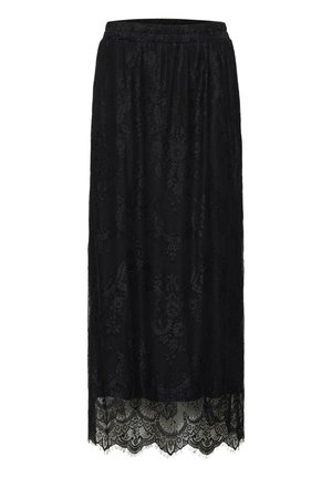 Melna midi svārki ar ziedu mežģīņu pārklājumu un viļņotu apakšmalu, ar elastīgu vidukli.