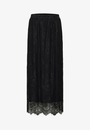 Melna midi svārki ar ziedu mežģīņu pārklājumu un viļņotu apakšmalu, ar elastīgu vidukli.