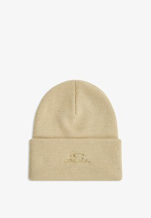 Hellbeige gestrickte Beanie mit umgeschlagenem Bündchen und kleinem gesticktem O'Neill-Logo vorne mittig auf dem Bündchen.