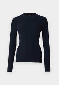 Navyblå ribbad långärmad topp med rund halsringning och figurnära silhuett. Texturen är slät med vertikal ribbning genom hela plagget.