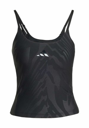 Zwarte sportieve tanktop met smalle bandjes, voorzien van een textuur en een tonale abstracte print, en een klein logo aan de voorkant. Glad stof.
