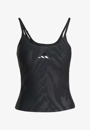 Black athletic tank top with slim straps, featuring a textured, tonal abstract pattern and a small logo on the front. Smooth fabric.