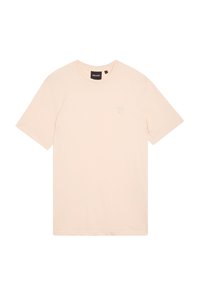 Licht perzik katoenen t-shirt met een ronde hals en korte mouwen. Beschikt over een klein geborduurd logo op de linkerkant van de borst. Zachte, gladde textuur.