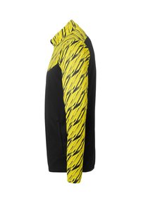 Zwarte jas met een ritssluiting bij de kraag; gele mouwen met een patroon van diagonale strepen; zacht materiaal en atletische pasvorm met zijzakken.