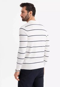 Maglione bianco a maglia con righe orizzontali blu navy, polsini e orlo a coste, con scollatura a girocollo. Accompagnato da pantaloni scuri.