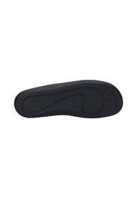 Black rubber sole with a textured surface, featuring curved lines and stitching details along the edges for added grip and durability.