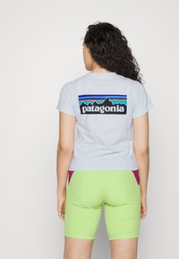 Light gray cotton t-shirt with a multicolored Patagonia logo on the back, paired with bright green shorts featuring purple accents.