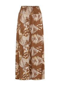 Hnědá maxi sukně vyrobená z lehkého materiálu, s gumičkovým pasem a bílým vzorem palmových listů po celém povrchu.
