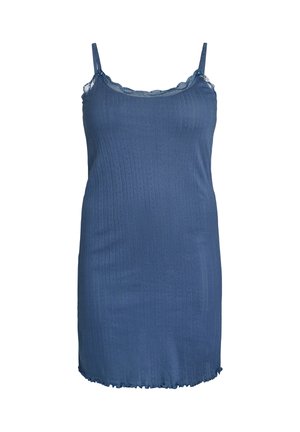 Niebieska prążkowana koszula nocna bez rękawów z koronkową lamówką wokół dekoltu w kształcie litery U oraz regulowanymi ramiączkami.