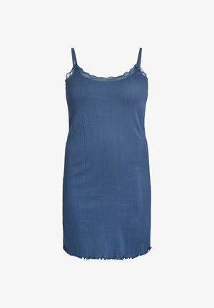 Blaues, geripptes ärmelloses Nachthemd mit Spitzenbesatz entlang des U-Ausschnitts und verstellbaren Schulterriemen.