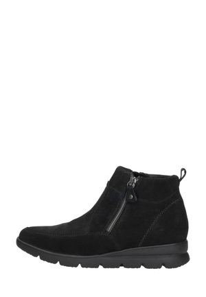 Black suede ankle boot with side zipper, cushioned sole, and pull tab at the heel, designed for casual or outdoor wear.