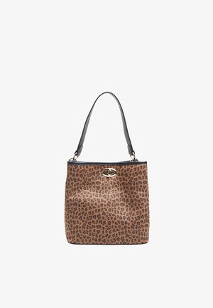Leopardmuster Tragetasche in Braun und Schwarz mit glattem Außenteil, oberen Reißverschluss und Akzenten aus goldfarbigem Metall.