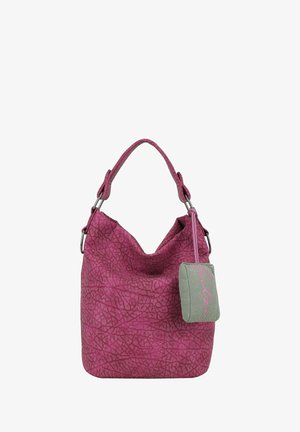 Pink textured handbag with wide strap and attached gray tag featuring pink script text.