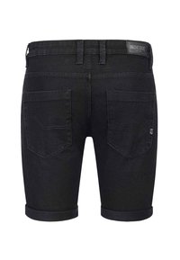 Black denim shorts with rolled hems, featuring two back pockets and a stitched accent. logo patch at the waistband. Smooth texture.