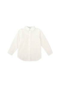 Camisa blanca de manga larga con botones, hecha de un tejido suave. Presenta un collar clásico y una fila de botones en la parte delantera.