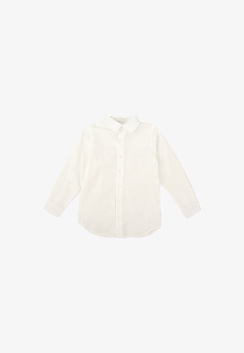Camisa blanca de manga larga con botones, hecha de un tejido suave. Presenta un collar clásico y una fila de botones en la parte delantera.