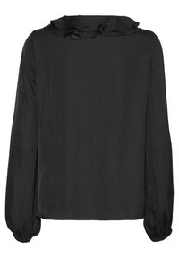 Black blouse featuring a ruffled neckline, long sleeves with elastic cuffs, and a smooth, lightweight texture. No visible patterns or accents.