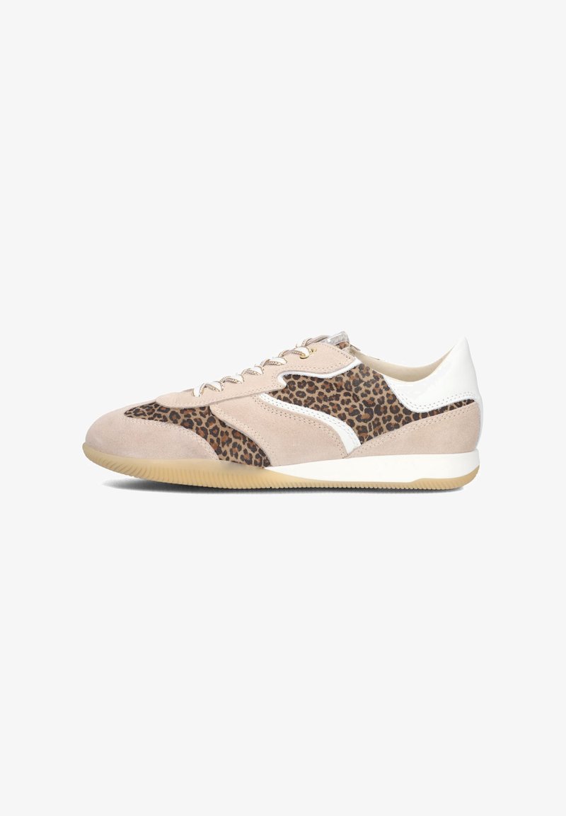 Low-top sneakers made of beige suede with leopard print accents and white details. Feature rounded toe and textured rubber sole.