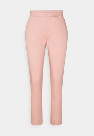 Pantalon droit taille haute rose clair, coupe ajustée, sans poches ni décorations visibles.
