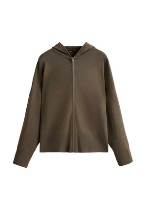 Olive green hoodie made of soft fabric, featuring a front zipper, large hood, and ribbed cuffs. Boxy fit with a seamless design.