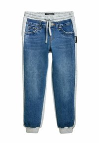 Džínové joggery s modrým ombrážováním, šedými bočními panely z jersey, elastickým pasem a manžetami na kotnících; design s pěti kapsami a s šňůrkou.