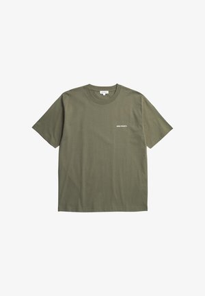 Olive green short-sleeve crew neck T-shirt with small white "Norse Projects" text on the left chest.