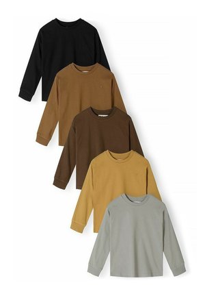 Cinq t-shirts à manches longues avec col rond en noir, marron clair, marron foncé, jaune moutarde et gris clair, empilés sur un fond blanc.