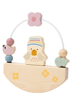 Holzspielzeug mit einer Entenfigur, in Pastellfarben und mit Blumenakzenten. Enthält einen weißen Bogen mit Perlen und einem Regenbogendetail auf der Ente.