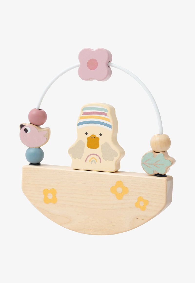 Wooden toy with a duck figure, pastel colors, and flower accents. Features a white arch with beads and a rainbow detail on the duck.